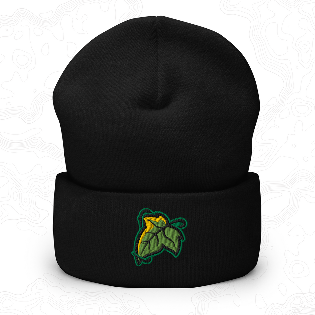 Black Elven Brooch cuffed beanie with a green and gold leaf embroidered on the front.