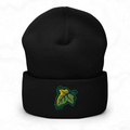 Black Elven Brooch cuffed beanie with a green and gold leaf embroidered on the front.