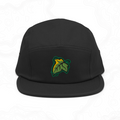 Black Elven Brooch five-panel cap with a green and gold leaf embroidered on the front.