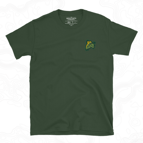 Forest green Elven Brooch T-shirt with a green and gold leaf embroidered on the left chest.