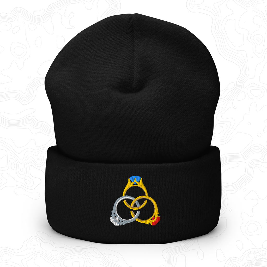 Black The Elven Rings cuffed beanie with three interlocking jeweled rings embroidered on the front.