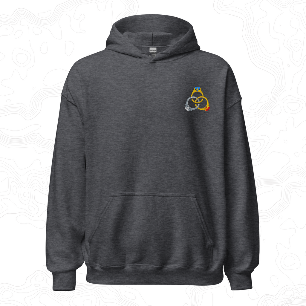 Dark gray The Elven Rings hoodie with three interlocking jeweled rings embroidered on the left chest.