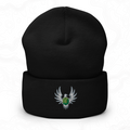 Black Elven Stone cuffed beanie with a green gemstone framed by silver wings embroidered on the front.