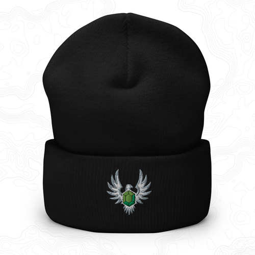 Black Elven Stone cuffed beanie with a green gemstone framed by silver wings embroidered on the front.