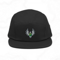Black Elven Stone five-panel cap with a green gemstone framed by silver wings embroidered on the front.