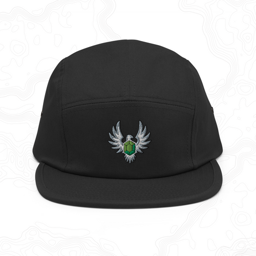 Black Elven Stone five-panel cap with a green gemstone framed by silver wings embroidered on the front.