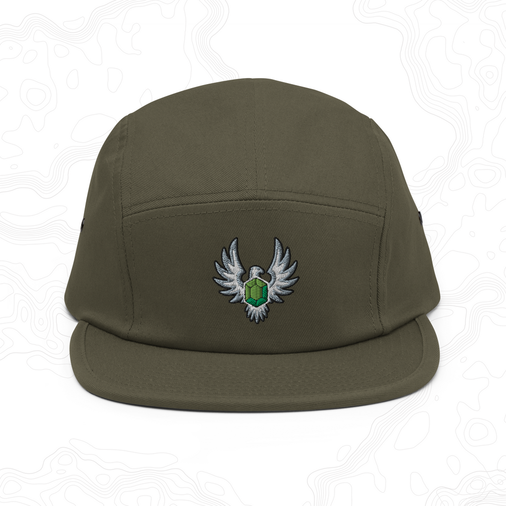 Olive Elven Stone five-panel cap with a green gemstone framed by silver wings embroidered on the front.