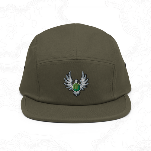 Olive Elven Stone five-panel cap with a green gemstone framed by silver wings embroidered on the front.