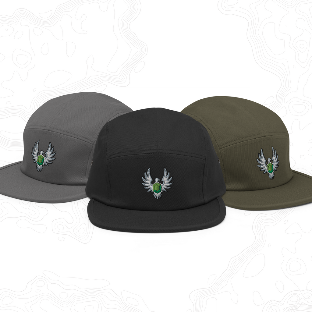Elven Stone embroidered caps in dark gray, black, and olive, shown together.