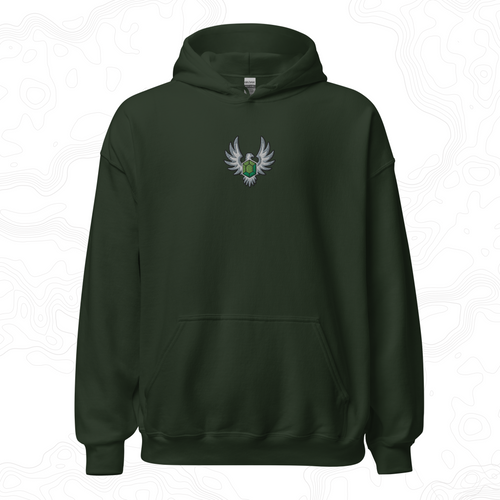 Forest green Elven Stone hoodie with a green gemstone framed by silver wings embroidered on the left chest.