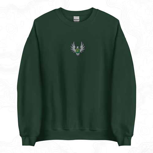 Forest green Elven Stone crewneck sweatshirt with a green gemstone framed by silver wings embroidered on the left chest.