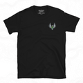 Black Elven Stone T-shirt with a green gemstone framed by silver wings embroidered on the left chest.
