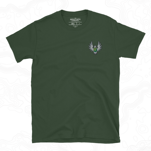 Forest green Elven Stone T-shirt with a green gemstone framed by silver wings embroidered on the left chest.