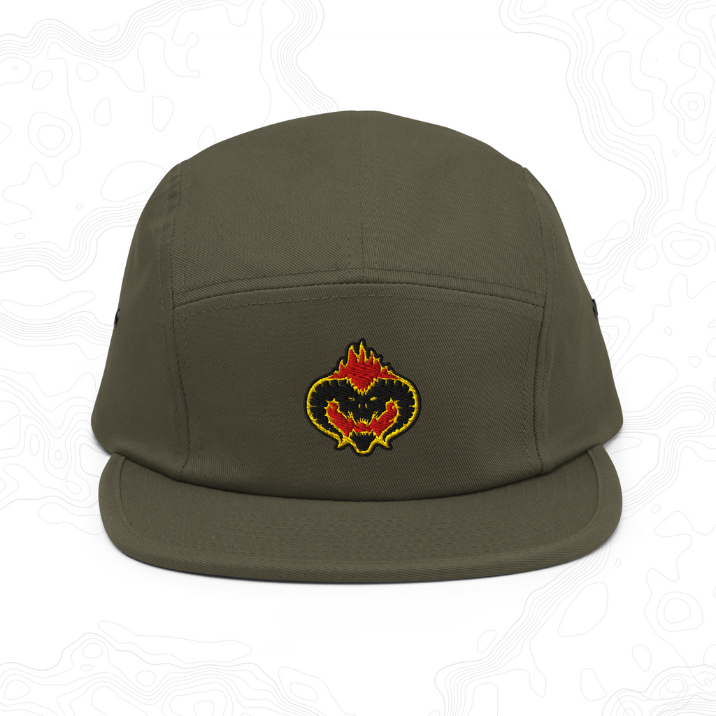 Olive Fire Demon five-panel cap with a horned face outlined in red and gold flames embroidered on the front.
