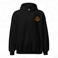 Black Fire Demon hoodie with a horned face outlined in red and gold flames embroidered on the left chest.