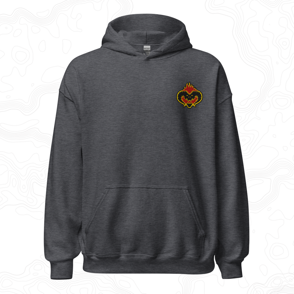 Dark gray Fire Demon hoodie with a horned face outlined in red and gold flames embroidered on the left chest.