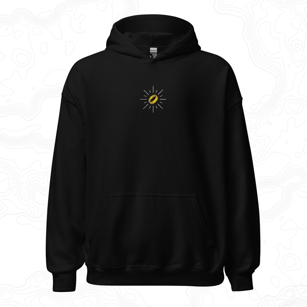 Black The Master Ring hoodie with a gold ring surrounded by silver rays embroidered on the left chest.