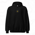 Black The Master Ring hoodie with a gold ring surrounded by silver rays embroidered on the left chest.