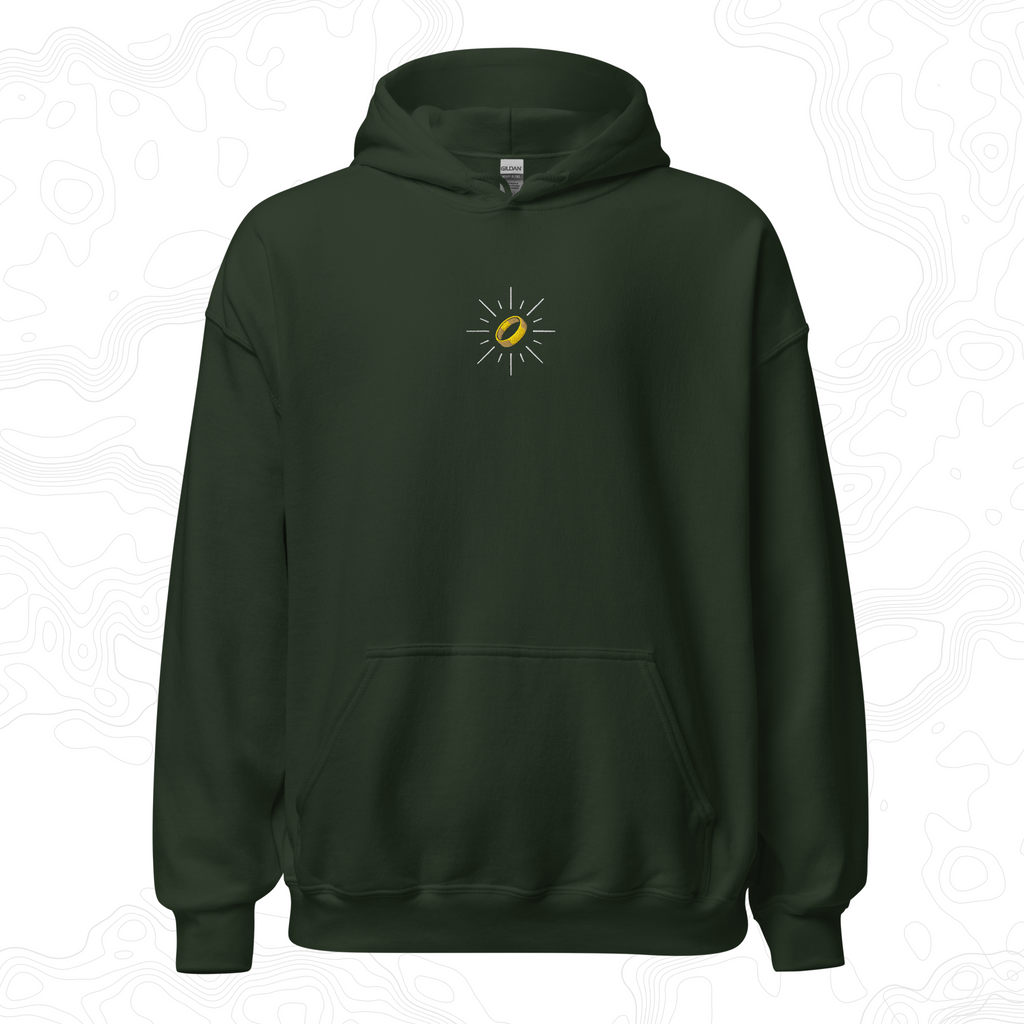 Forest green The Master Ring hoodie with a gold ring surrounded by silver rays embroidered on the left chest.